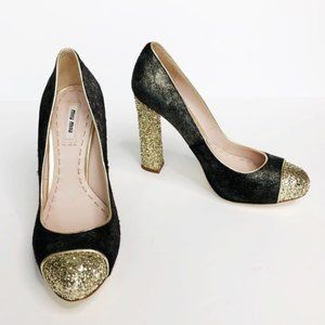 MIU MIU Gold Glitter & Calf Hair Pump Heels 8.5
